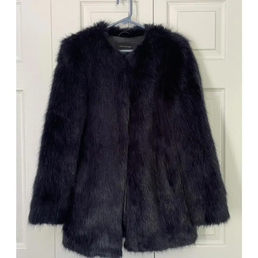 Ann Taylor Soft Faux Fur Jacket Coat Blue Medium - Picture 2 of 9